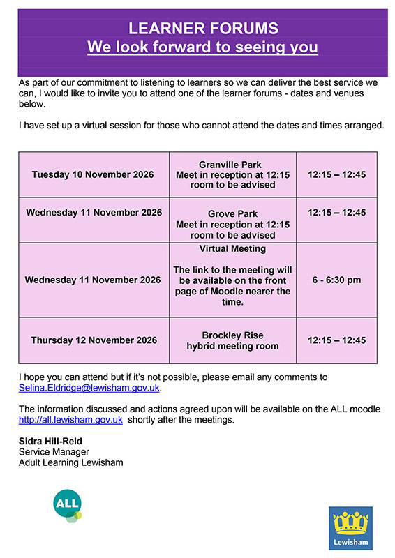 Learners Forum notice for all sites November 2026 